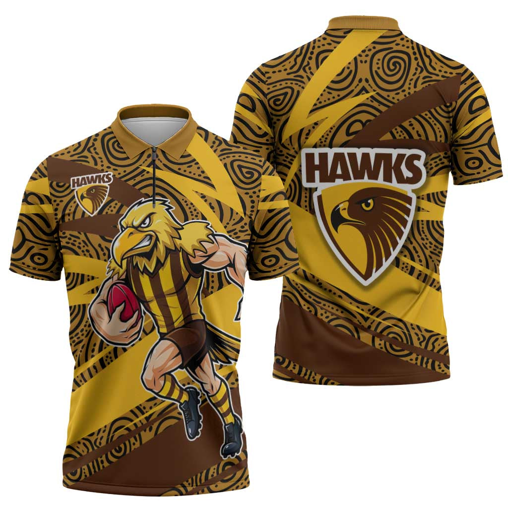 Hawthorn Hawks Australian Football Zipper Polo Shirt Fierce Bird Mascot With Indigenous Pattern Art
