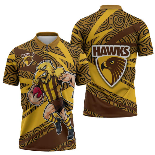 Hawthorn Hawks Australian Football Zipper Polo Shirt Fierce Bird Mascot With Indigenous Pattern Art