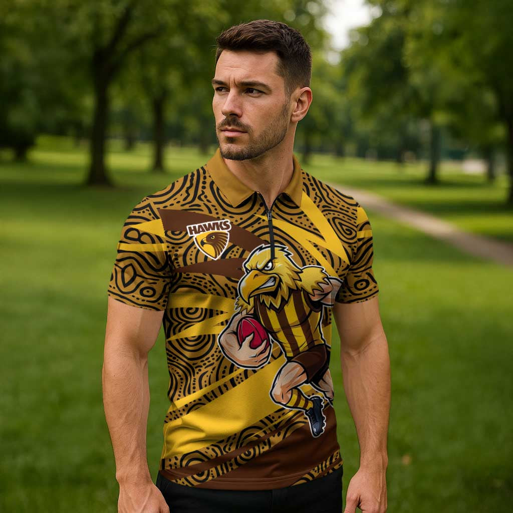 Hawthorn Hawks Australian Football Zipper Polo Shirt Fierce Bird Mascot With Indigenous Pattern Art