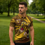 Hawthorn Hawks Australian Football Zipper Polo Shirt Fierce Bird Mascot With Indigenous Pattern Art