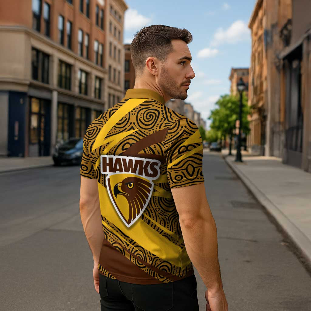 Hawthorn Hawks Australian Football Zipper Polo Shirt Fierce Bird Mascot With Indigenous Pattern Art