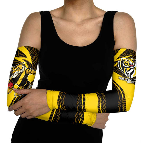 Richmond Tigers Australian Football Arm Sleeves Powerful Tiger Mascot With Indigenous Pattern Art