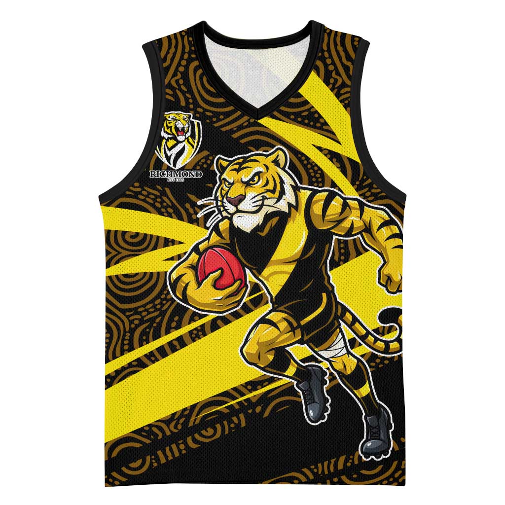 Richmond Tigers Australian Football Basketball Jersey Powerful Tiger Mascot With Indigenous Pattern Art