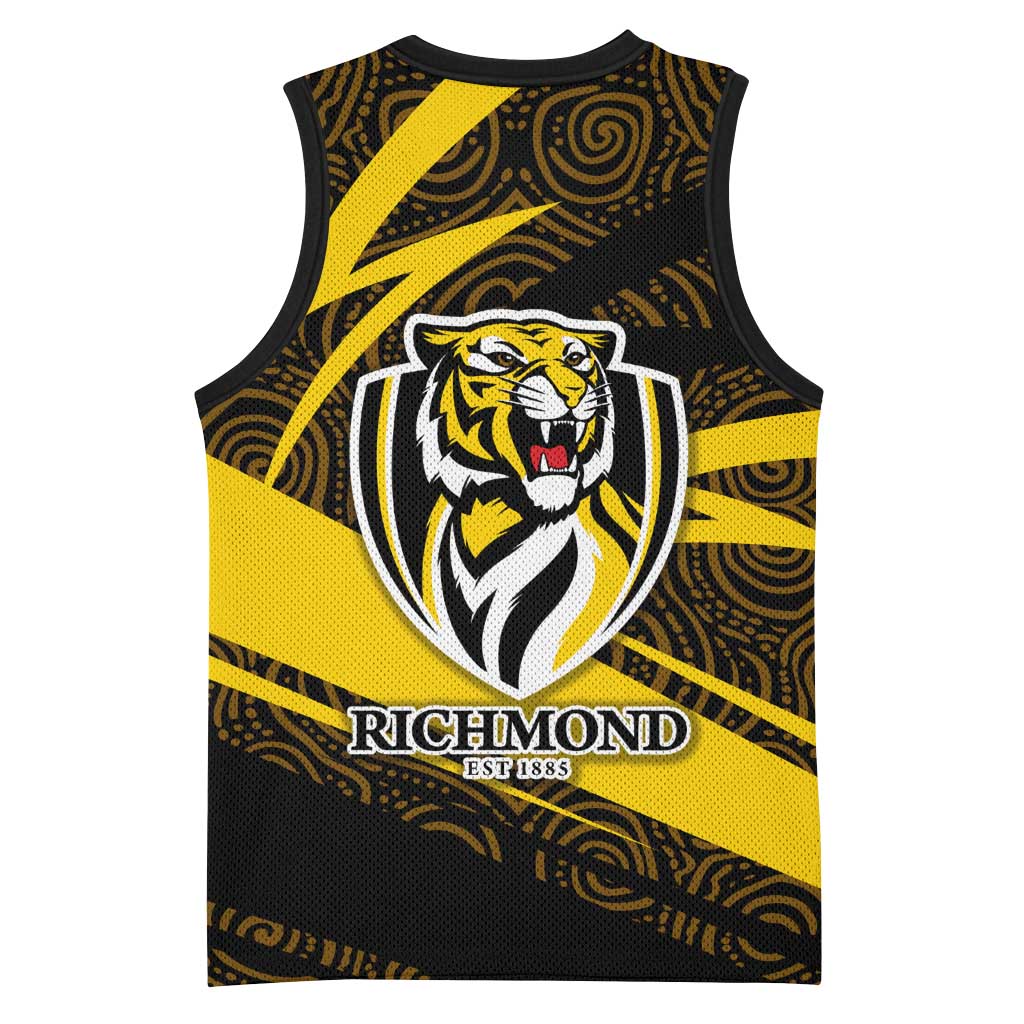 Richmond Tigers Australian Football Basketball Jersey Powerful Tiger Mascot With Indigenous Pattern Art