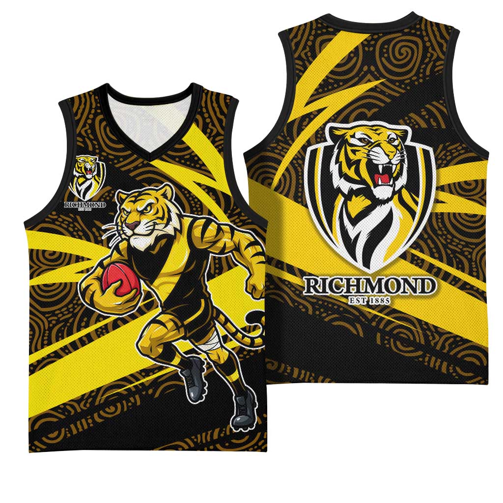 Richmond Tigers Australian Football Basketball Jersey Powerful Tiger Mascot With Indigenous Pattern Art