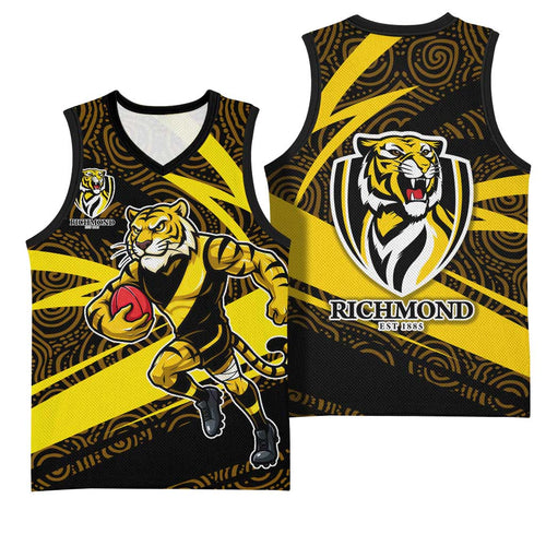 Richmond Tigers Australian Football Basketball Jersey Powerful Tiger Mascot With Indigenous Pattern Art