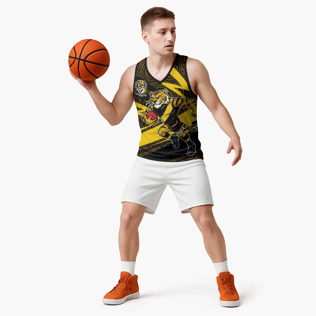 Richmond Tigers Australian Football Basketball Jersey Powerful Tiger Mascot With Indigenous Pattern Art