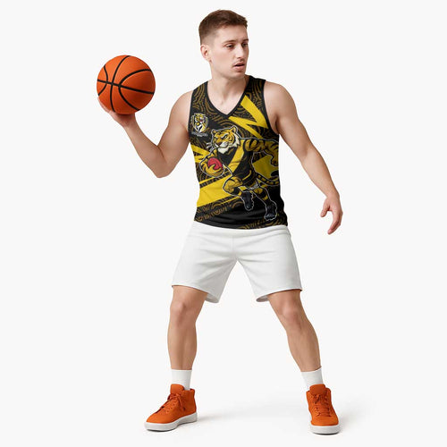Richmond Tigers Australian Football Basketball Jersey Powerful Tiger Mascot With Indigenous Pattern Art