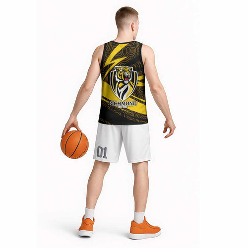 Richmond Tigers Australian Football Basketball Jersey Powerful Tiger Mascot With Indigenous Pattern Art