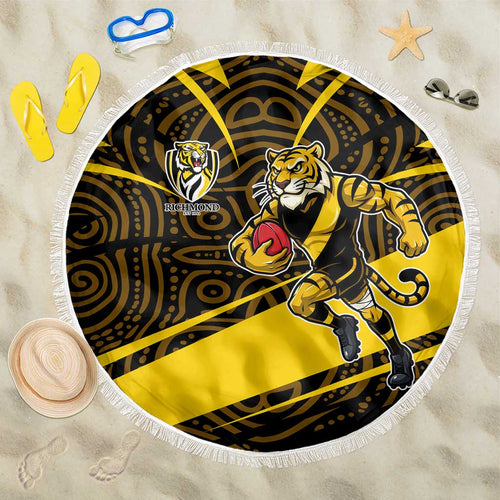 Richmond Tigers Australian Football Beach Blanket Powerful Tiger Mascot With Indigenous Pattern Art