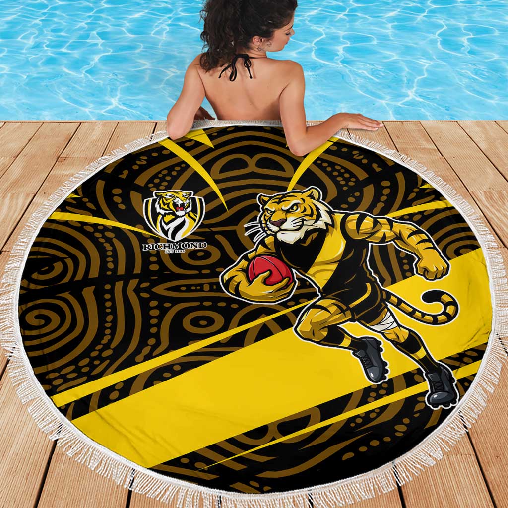 Richmond Tigers Australian Football Beach Blanket Powerful Tiger Mascot With Indigenous Pattern Art