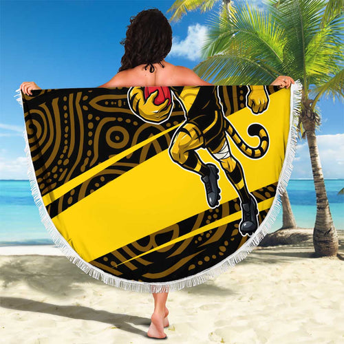 Richmond Tigers Australian Football Beach Blanket Powerful Tiger Mascot With Indigenous Pattern Art