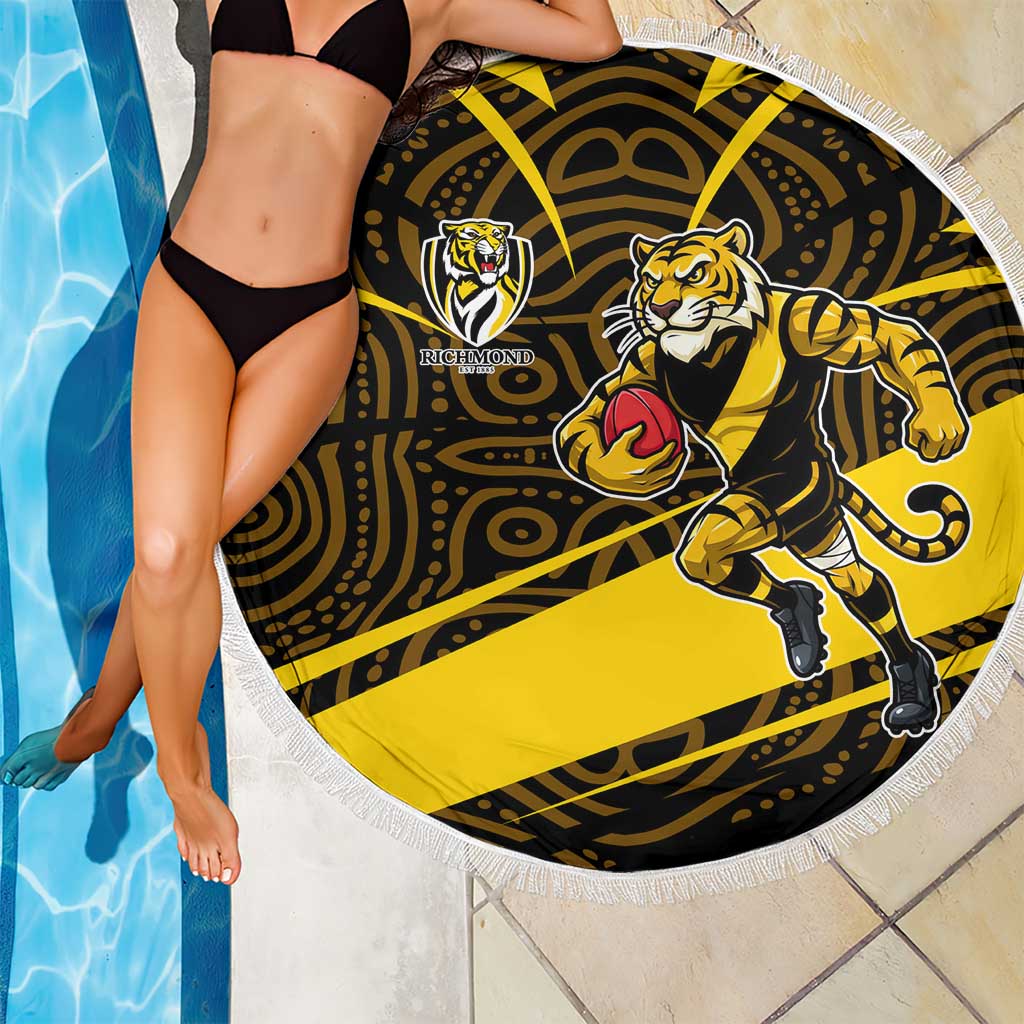 Richmond Tigers Australian Football Beach Blanket Powerful Tiger Mascot With Indigenous Pattern Art