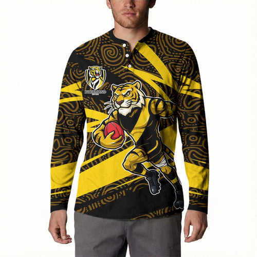Richmond Tigers Australian Football Button Sweatshirt Powerful Tiger Mascot With Indigenous Pattern Art