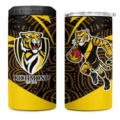 Richmond Tigers Australian Football 4 in 1 Can Cooler Tumbler Powerful Tiger Mascot With Indigenous Pattern Art