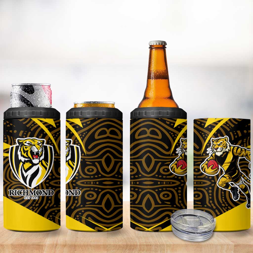 Richmond Tigers Australian Football 4 in 1 Can Cooler Tumbler Powerful Tiger Mascot With Indigenous Pattern Art