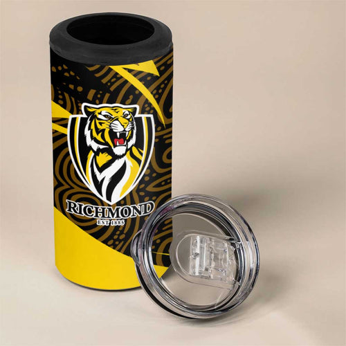 Richmond Tigers Australian Football 4 in 1 Can Cooler Tumbler Powerful Tiger Mascot With Indigenous Pattern Art