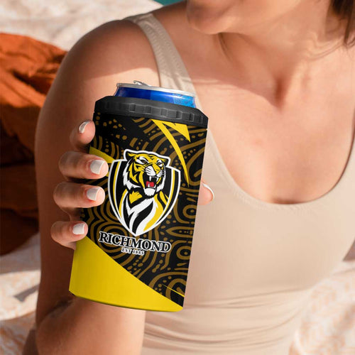 Richmond Tigers Australian Football 4 in 1 Can Cooler Tumbler Powerful Tiger Mascot With Indigenous Pattern Art