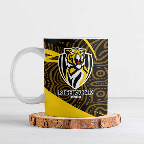 Richmond Tigers Australian Football Ceramic Mug Powerful Tiger Mascot With Indigenous Pattern Art