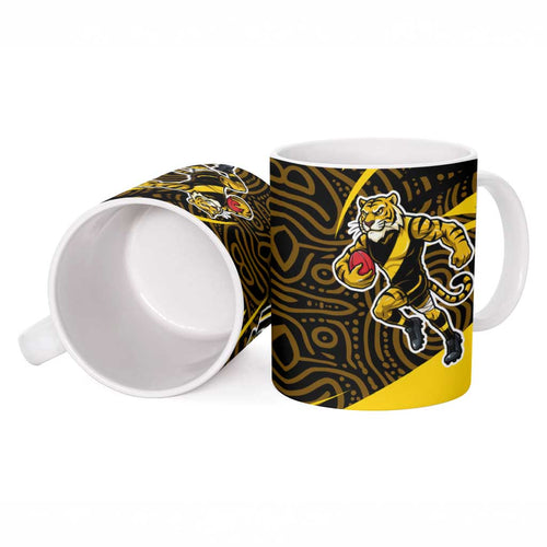 Richmond Tigers Australian Football Ceramic Mug Powerful Tiger Mascot With Indigenous Pattern Art