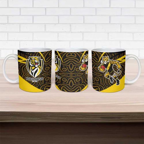 Richmond Tigers Australian Football Ceramic Mug Powerful Tiger Mascot With Indigenous Pattern Art