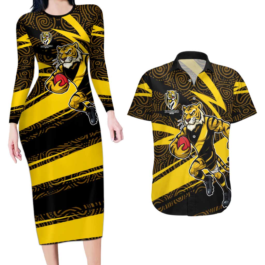 Richmond Tigers Australian Football Couples Matching Long Sleeve Bodycon Dress and Hawaiian Shirt Powerful Tiger Mascot With Indigenous Pattern Art