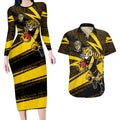 Richmond Tigers Australian Football Couples Matching Long Sleeve Bodycon Dress and Hawaiian Shirt Powerful Tiger Mascot With Indigenous Pattern Art