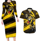 Richmond Tigers Australian Football Couples Matching Long Sleeve Bodycon Dress and Hawaiian Shirt Powerful Tiger Mascot With Indigenous Pattern Art