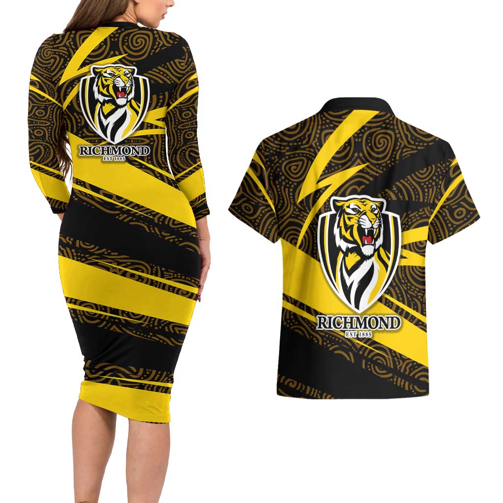 Richmond Tigers Australian Football Couples Matching Long Sleeve Bodycon Dress and Hawaiian Shirt Powerful Tiger Mascot With Indigenous Pattern Art