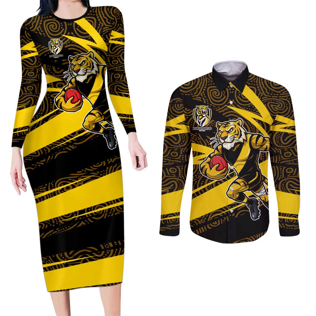 Richmond Tigers Australian Football Couples Matching Long Sleeve Bodycon Dress and Long Sleeve Button Shirt Powerful Tiger Mascot With Indigenous Pattern Art