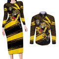 Richmond Tigers Australian Football Couples Matching Long Sleeve Bodycon Dress and Long Sleeve Button Shirt Powerful Tiger Mascot With Indigenous Pattern Art