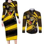 Richmond Tigers Australian Football Couples Matching Long Sleeve Bodycon Dress and Long Sleeve Button Shirt Powerful Tiger Mascot With Indigenous Pattern Art