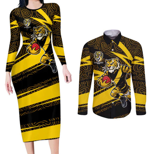 Richmond Tigers Australian Football Couples Matching Long Sleeve Bodycon Dress and Long Sleeve Button Shirt Powerful Tiger Mascot With Indigenous Pattern Art