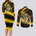 Richmond Tigers Australian Football Couples Matching Long Sleeve Bodycon Dress and Long Sleeve Button Shirt Powerful Tiger Mascot With Indigenous Pattern Art
