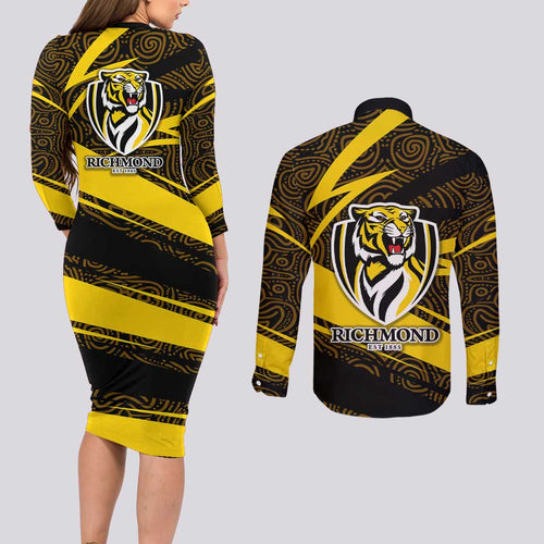 Richmond Tigers Australian Football Couples Matching Long Sleeve Bodycon Dress and Long Sleeve Button Shirt Powerful Tiger Mascot With Indigenous Pattern Art