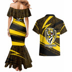 Richmond Tigers Australian Football Couples Matching Mermaid Dress and Hawaiian Shirt Powerful Tiger Mascot With Indigenous Pattern Art