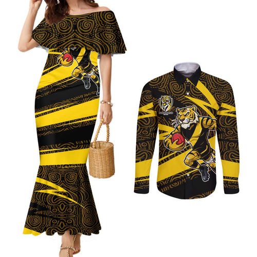 Richmond Tigers Australian Football Couples Matching Mermaid Dress and Long Sleeve Button Shirt Powerful Tiger Mascot With Indigenous Pattern Art