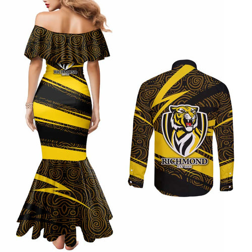 Richmond Tigers Australian Football Couples Matching Mermaid Dress and Long Sleeve Button Shirt Powerful Tiger Mascot With Indigenous Pattern Art