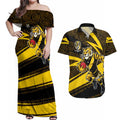 Richmond Tigers Australian Football Couples Matching Off Shoulder Maxi Dress and Hawaiian Shirt Powerful Tiger Mascot With Indigenous Pattern Art