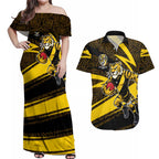 Richmond Tigers Australian Football Couples Matching Off Shoulder Maxi Dress and Hawaiian Shirt Powerful Tiger Mascot With Indigenous Pattern Art