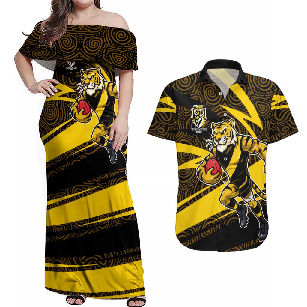 Richmond Tigers Australian Football Couples Matching Off Shoulder Maxi Dress and Hawaiian Shirt Powerful Tiger Mascot With Indigenous Pattern Art