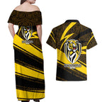 Richmond Tigers Australian Football Couples Matching Off Shoulder Maxi Dress and Hawaiian Shirt Powerful Tiger Mascot With Indigenous Pattern Art