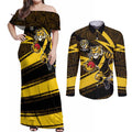 Richmond Tigers Australian Football Couples Matching Off Shoulder Maxi Dress and Long Sleeve Button Shirt Powerful Tiger Mascot With Indigenous Pattern Art