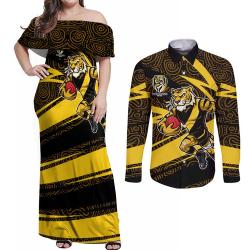 Richmond Tigers Australian Football Couples Matching Off Shoulder Maxi Dress and Long Sleeve Button Shirt Powerful Tiger Mascot With Indigenous Pattern Art