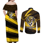 Richmond Tigers Australian Football Couples Matching Off Shoulder Maxi Dress and Long Sleeve Button Shirt Powerful Tiger Mascot With Indigenous Pattern Art