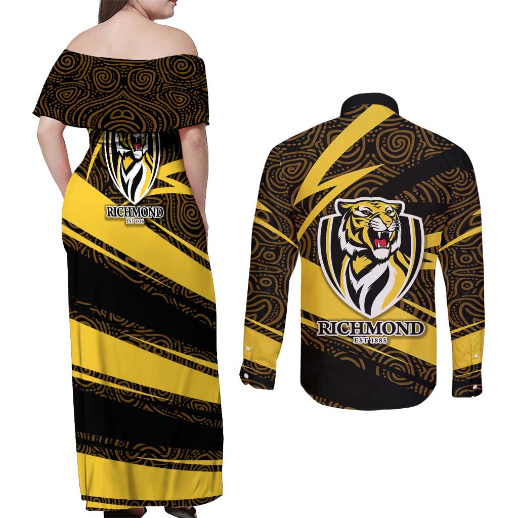 Richmond Tigers Australian Football Couples Matching Off Shoulder Maxi Dress and Long Sleeve Button Shirt Powerful Tiger Mascot With Indigenous Pattern Art