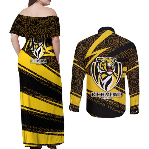 Richmond Tigers Australian Football Couples Matching Off Shoulder Maxi Dress and Long Sleeve Button Shirt Powerful Tiger Mascot With Indigenous Pattern Art