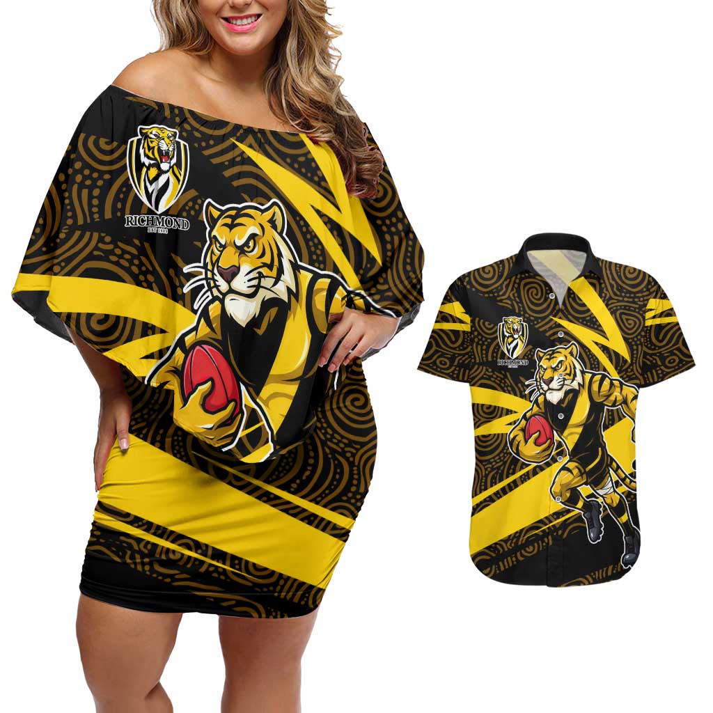 Richmond Tigers Australian Football Couples Matching Off Shoulder Short Dress and Hawaiian Shirt Powerful Tiger Mascot With Indigenous Pattern Art