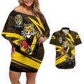Richmond Tigers Australian Football Couples Matching Off Shoulder Short Dress and Hawaiian Shirt Powerful Tiger Mascot With Indigenous Pattern Art