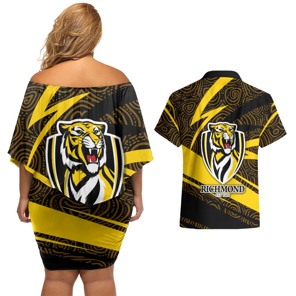 Richmond Tigers Australian Football Couples Matching Off Shoulder Short Dress and Hawaiian Shirt Powerful Tiger Mascot With Indigenous Pattern Art